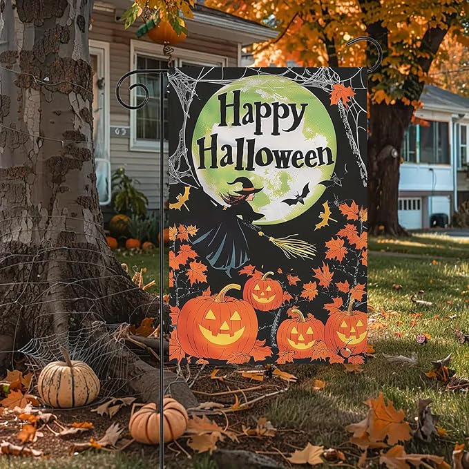 Halloween Garden Flag for Outside 12x18 Inch Double Sided, Pumpkin Witch Small Yard Flags for Outside, Happy Halloween Outdoor Flag Front Porch Decorations for Home