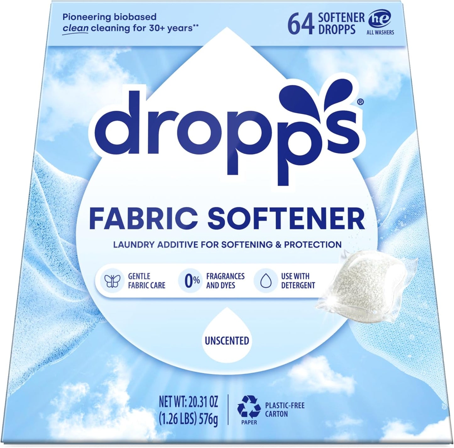 Dropps Laundry Fabric Softener Pods, Unscented (64 Count) - Fabric Softener Liquid Pods for Fluffy, Soft Fabrics - HE Compatible Mineral Based Ingredients Laundry Supplies