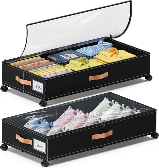 Under Bed Storage with Wheels, 2-Pack Under Bed Storage Containers with Clear Lids, XXL 65L Under the bed storage Organizer Bins, Rolling Under Bed Metal Drawer for Clothes,Shoes,Toys (Black, 2-Pack)