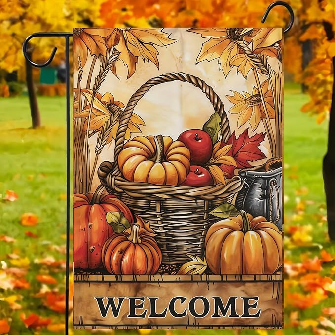 Garden Flag 12X18 Inch Double Side,Pumpkin Fall Yard Flag, Welcome Small Garden Flag,Outdoor Fall Flag for Holiday Outside Patio Decoration