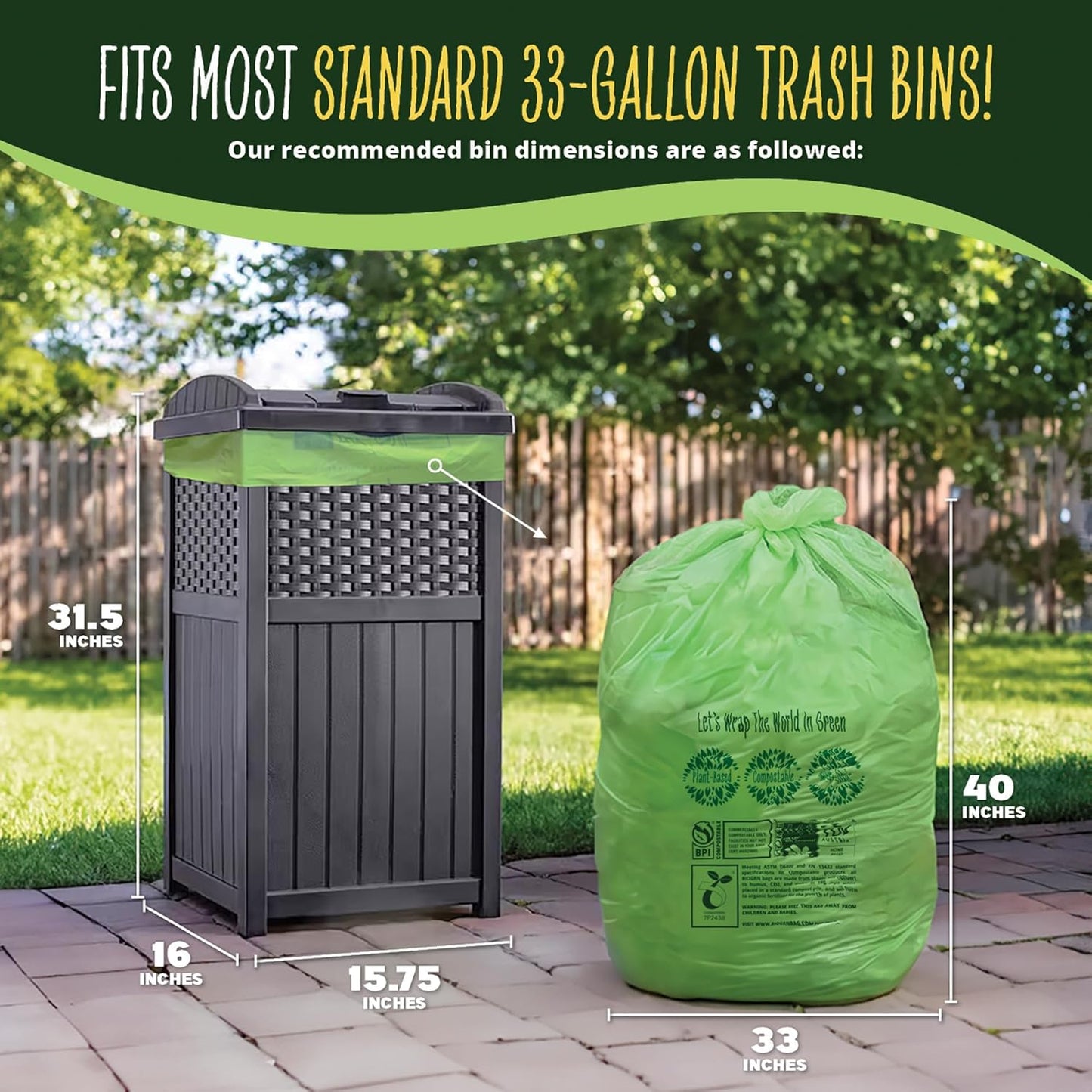 30-33 Gallon Compost Bags 30 Bags Yard Waste Bags Flat-Top Liners Compostable Trash Bags Heavy Duty Extra Thick 1.57 Mil, 124.92 Liter Lawn and Leaf Bags BPI ASTM D6400 and OK Compost Home Certified