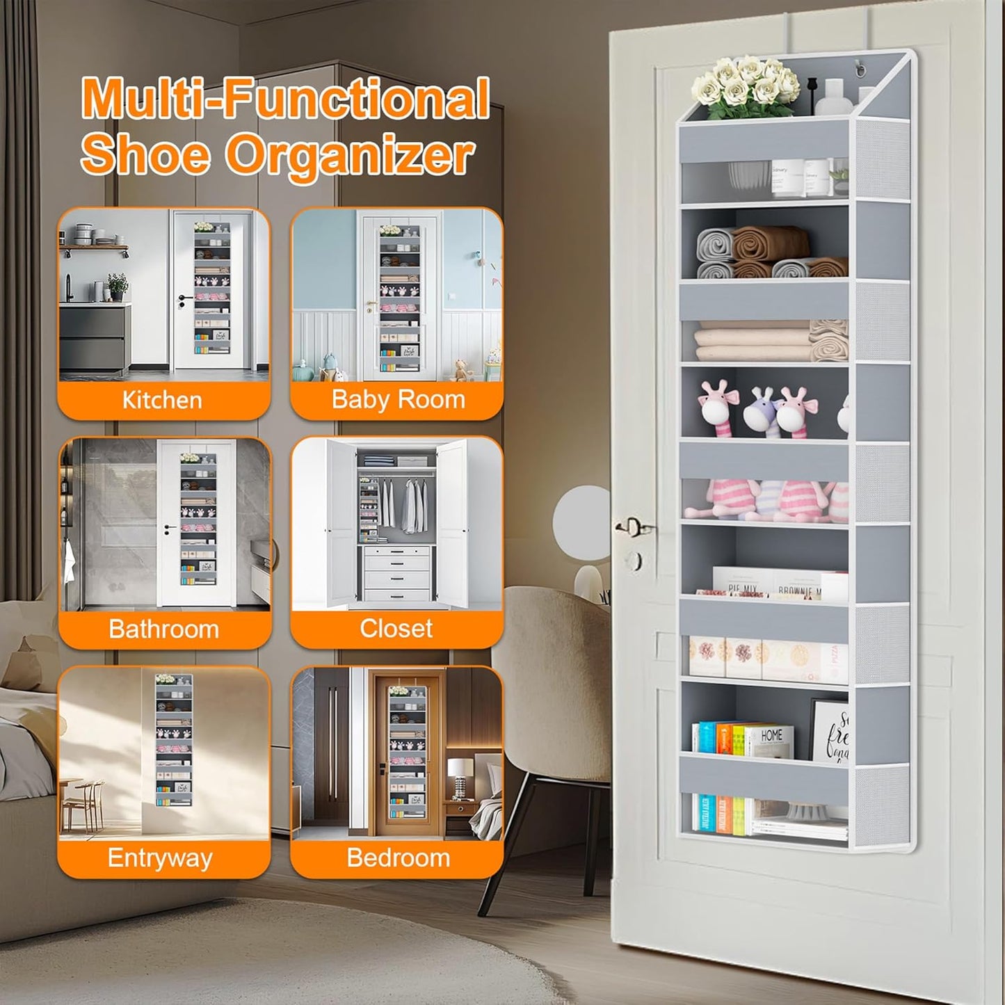 Over The Door Organizer - Over Door Storage Organizer with 5 Large Pockets & 10 Mesh Side Compartments - Heavy-Duty Hanging Storage for Bathroom, Bedroom & Closet - Baby Room Organize Solution