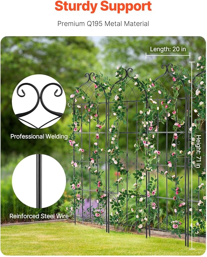 VEVOR Garden Trellis for Climbing Plants, 71 x 20 in, 4 Packs Rustproof Metal Garden Flower Trellis, Outdoor Climbing Rose Trellis Cucumbers Support, Decorative Clematis Trellis for Courtyards Lawns