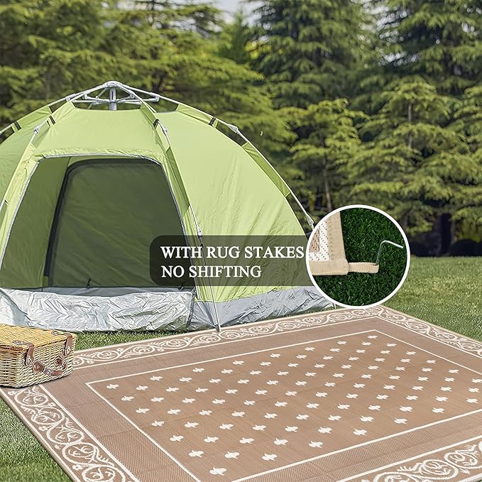 Pauwer Waterproof Outdoor Rug 8x10, Reversible Plastic Straw Patio Camping Rug, Indoor Outdoor RV Mat Carpet for Deck, Camper, Porch, Balcony, Backyard, Picnic, Bordered Beige