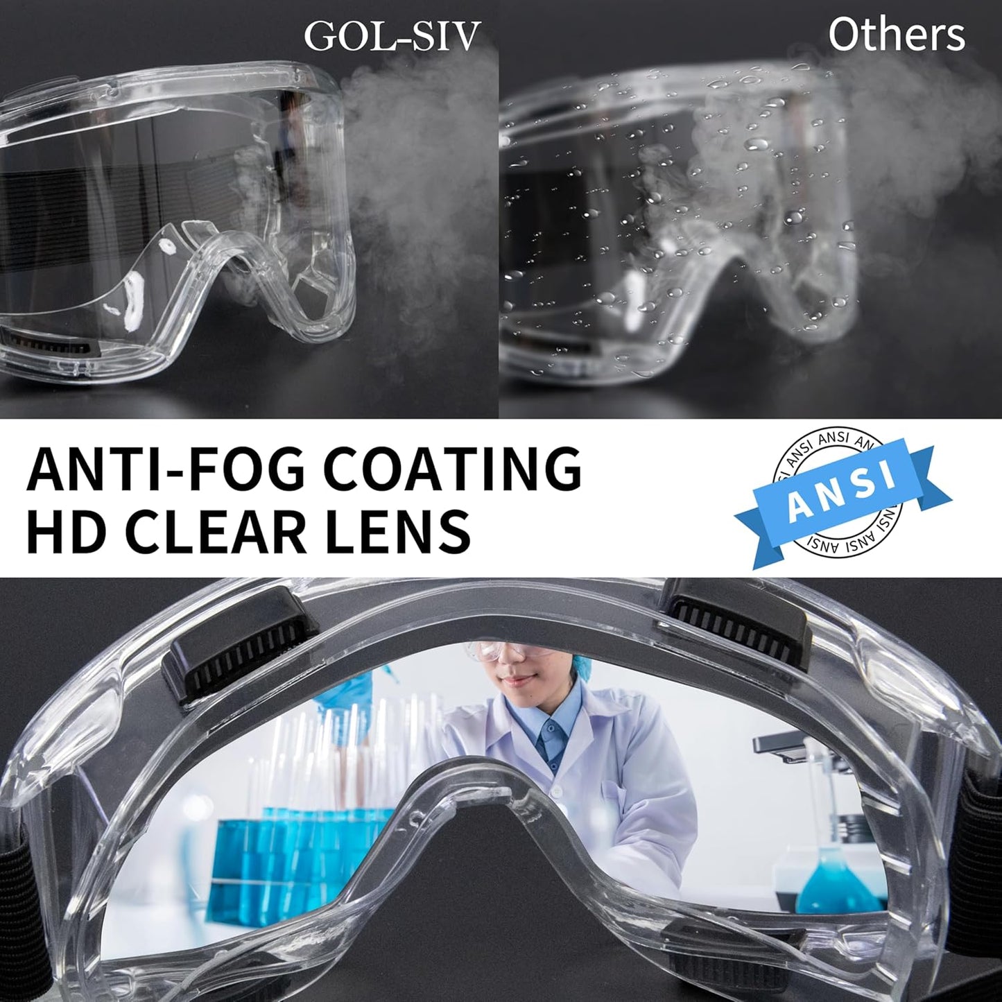 6 Pack Safety Goggles, ANSI Z87.1 Anti-Fog Lab Goggles, Adjustable Protective Eye Protection for Men