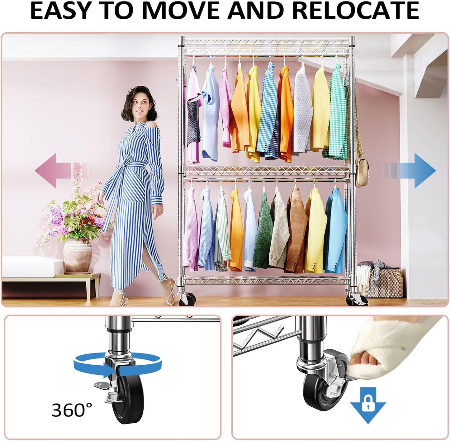 IZEUK 3-Tier Heavy Duty Rolling Garment Rack, Chrome Metal Freestanding Closet Wardrobe Rack with Double Rods and Side Hooks, 15.7" D x 45.3" W x 79.6" H