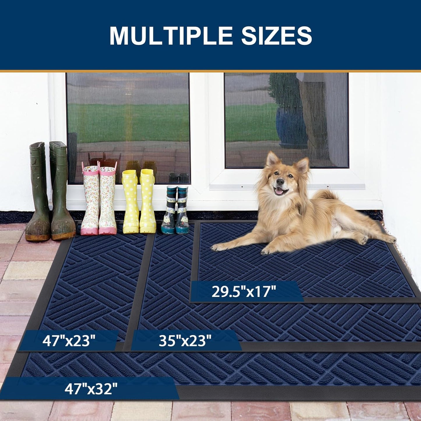 Smiry Front Door Mat Outside Entrance, Heavy Duty Outdoor Indoor Natural Rubber Doormat, Non Slip, Trap Dirt and Moisture, Easy Clean, Low Profile Patio Porch Entryway Mat, 47x23, Navy Blue