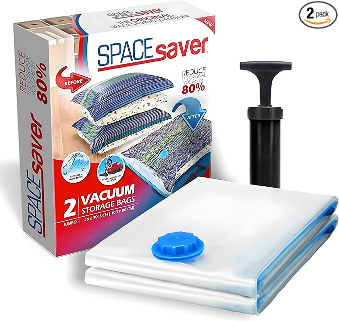 2 Pack Jumbo Vacuum Storage Bags for Comforters, Blankets & Clothes – Jumbo Vacuum Sealed Compression Bags with Hand Pump – Space Saver Storage Bags for Bedding, Moving, Travel & Organization