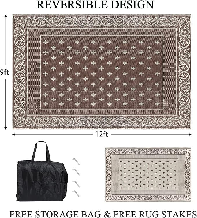 Pauwer 9'x12' Reversible Outdoor Rug, Waterproof Plastic Straw Area Rug for Patios, RV Mat, Camping, Picnic, Beach, Balcony, Pet Friendly, Lightweight