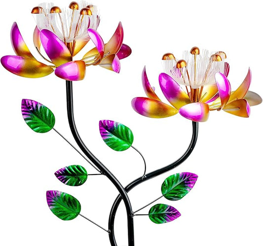 55'' Solar Powered Kinetic Wind Spinner Sculpture Pink Lotus Metal Stake Spinner for Patio, Lawn and Garden Decor Weather-Resistant Outdoor Art with Dual Lotus Design