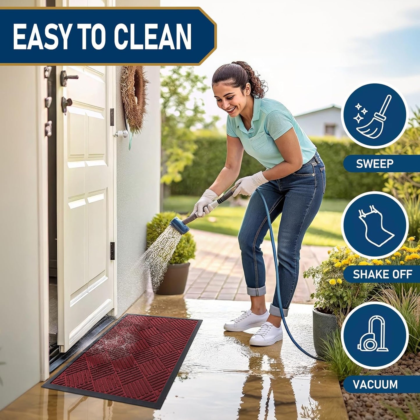 Smiry Front Door Mat Outside Entrance, Heavy Duty Outdoor Indoor Natural Rubber Doormat, Non Slip, Trap Dirt and Moisture, Easy Clean, Low Profile Patio Porch Entryway Mat, 29.5x17, Wine Red