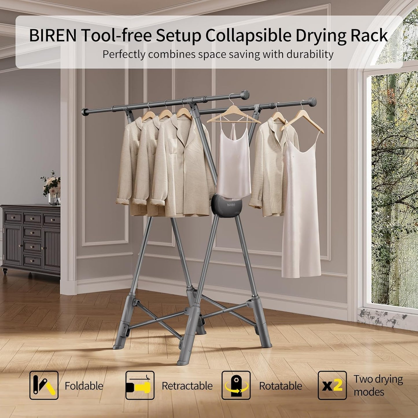 BIREN Clothes Drying Rack Heavy Duty Clothing Racks Extending Laundry Rack Two Drying Modes Garment Racks for Drying Clothes, Adjustable Length from 32-55 Inches for Indoor Outdoor Use