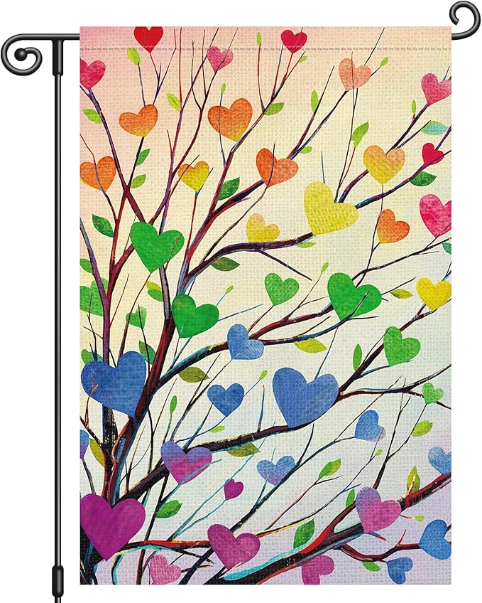 Louise Maelys Pride Garden Flag Rainbow Tree Love Heart 12x18 Inch Double Sided Welcome Small Burlap Gay Lesbian LGBTQ Yard Outdoor Sign Outside Home House Decor