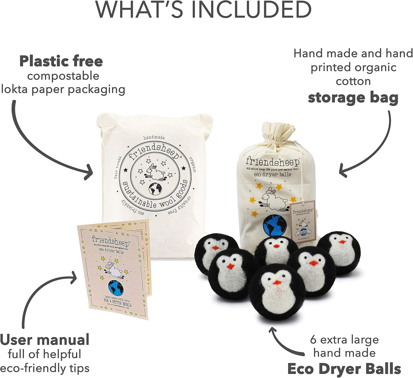 Friendsheep Wool Dryer Balls, Organic Fair Trade Reusable Fabric Softener, Extra Large, 6 Pack, Black Penguin - Cool Friends