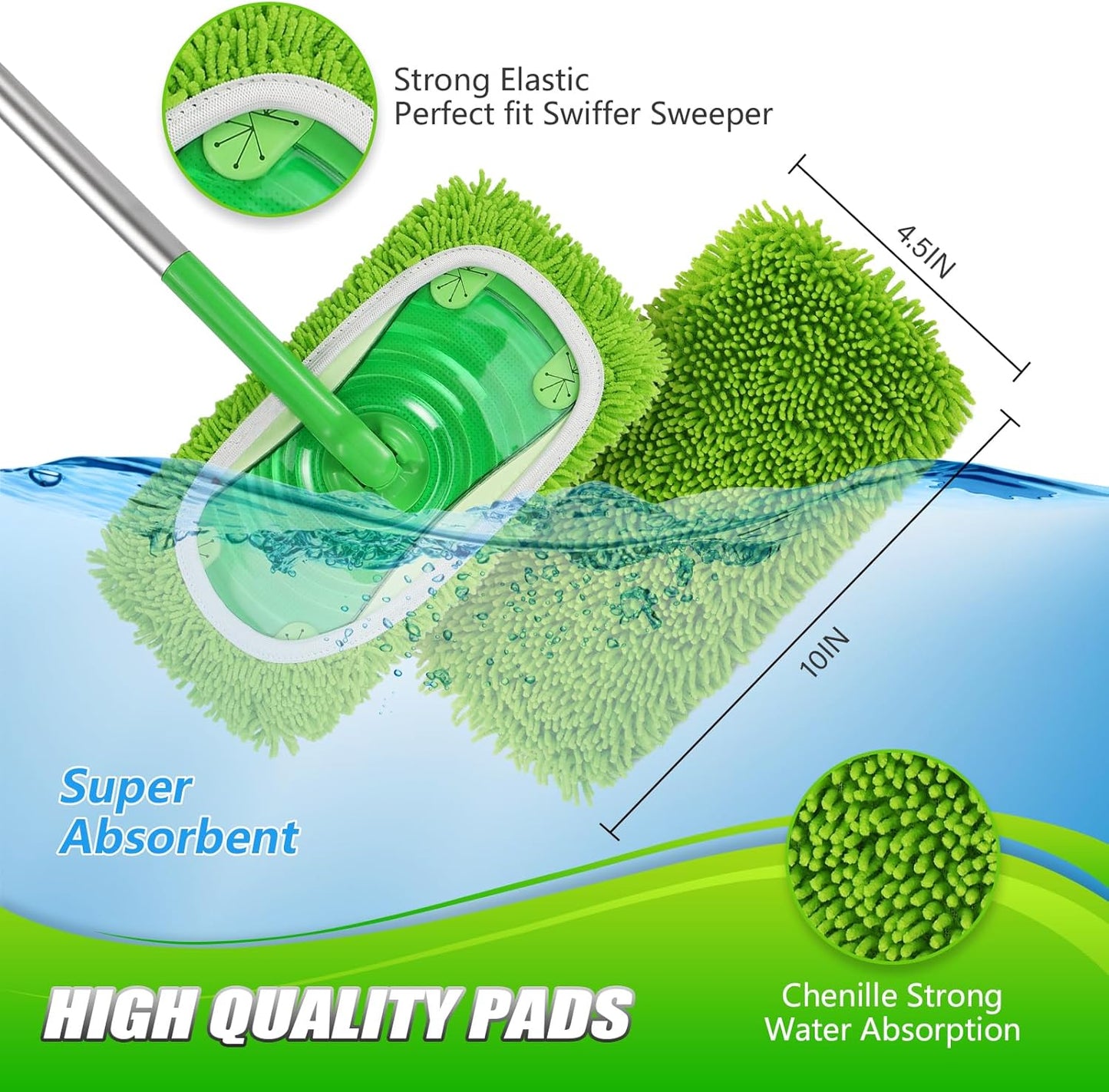 Set of 4 Reusable Microfiber Mop Pads Compatible with Swiffer Sweeper, Dry Sweeping Cloths, Washable Wet Mopping Cloth Refills for Floor Cleaning (Mop is Not Included) (4 Pack, Green)