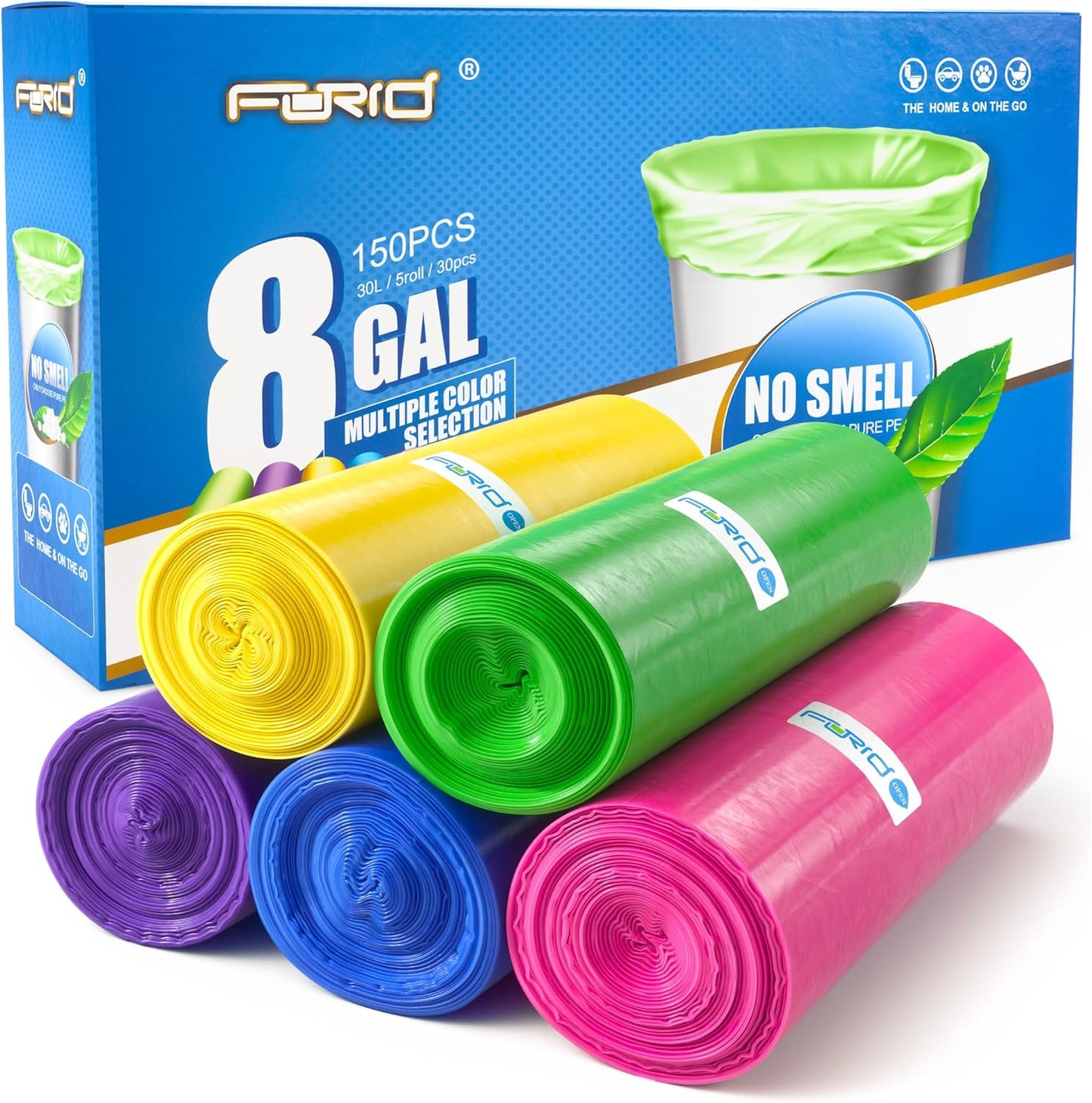 FORID 8 Gallon Trash Bags Multi Colored - Extra Thick Garbage Bags Unscented, Strong Plastic Waste Can Liners for Home Bathroom Office Kitchen,150 Bags 5 Rolls,30 Liters