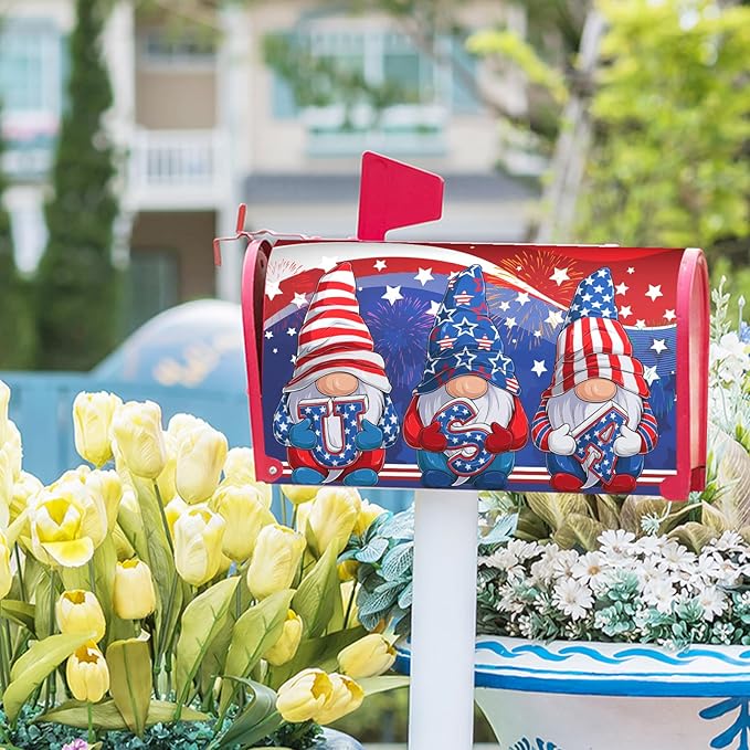 Patriotic Gnomes USA Flag Mailbox Cover Magnetic Independence Day July 4th Mailbox Covers Standard 21" x18’’ Happy Holiday Waterproof Post Box Cover Wraps for Outdoor Garden Yard Home Decor