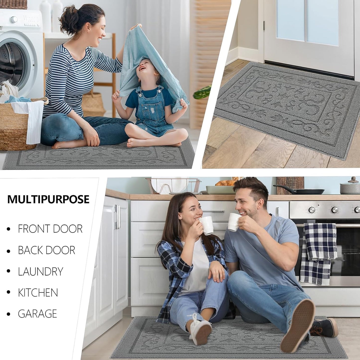 FONEYI Indoor Door Mat 32" x 40", Dirt Trapper Door Mats Non-Slip Entryway Rugs Washable, Absorbent Resist Dirt Welcome Mat, Low Profile Inside Floor Mats for Front Back Door and Entryway, Light Grey