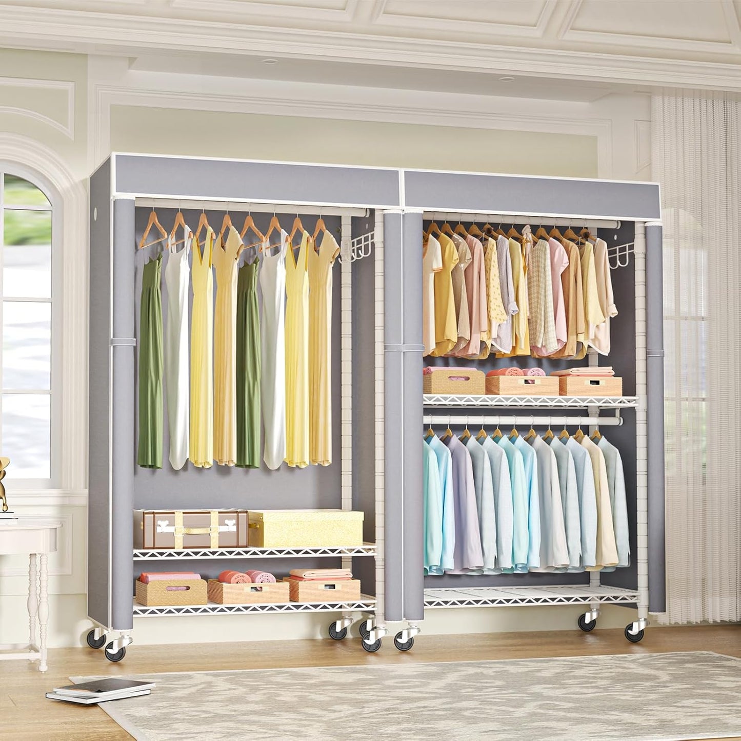 FUTASSI White Clothing Rack with Grey Cover, P1C Rolling Closet Rack with Wheels, Metal Garment Rack for Hanging Clothes, Clothing Storage Wardrobe, 36.2" W x 16.5" D x 80.5" H, Load 450 Pounds