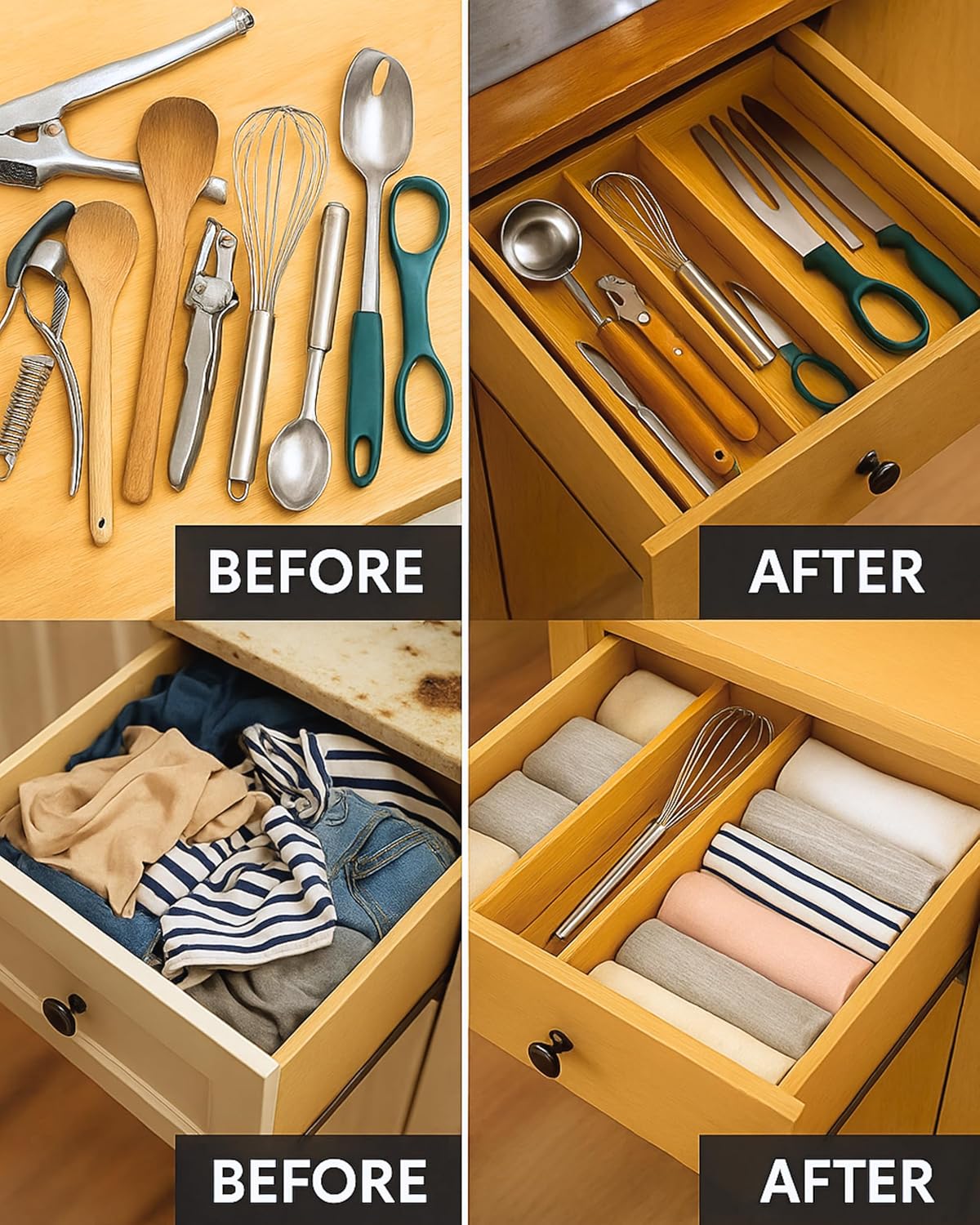 4 Pcs Bamboo Kitchen Drawer Dividers Large 17"-22", Spring Loaded, Works in Kitchen, Adjustable Drawer Organizers, Dresser, Bathroom, Bedroom, Drawer Desk, Office