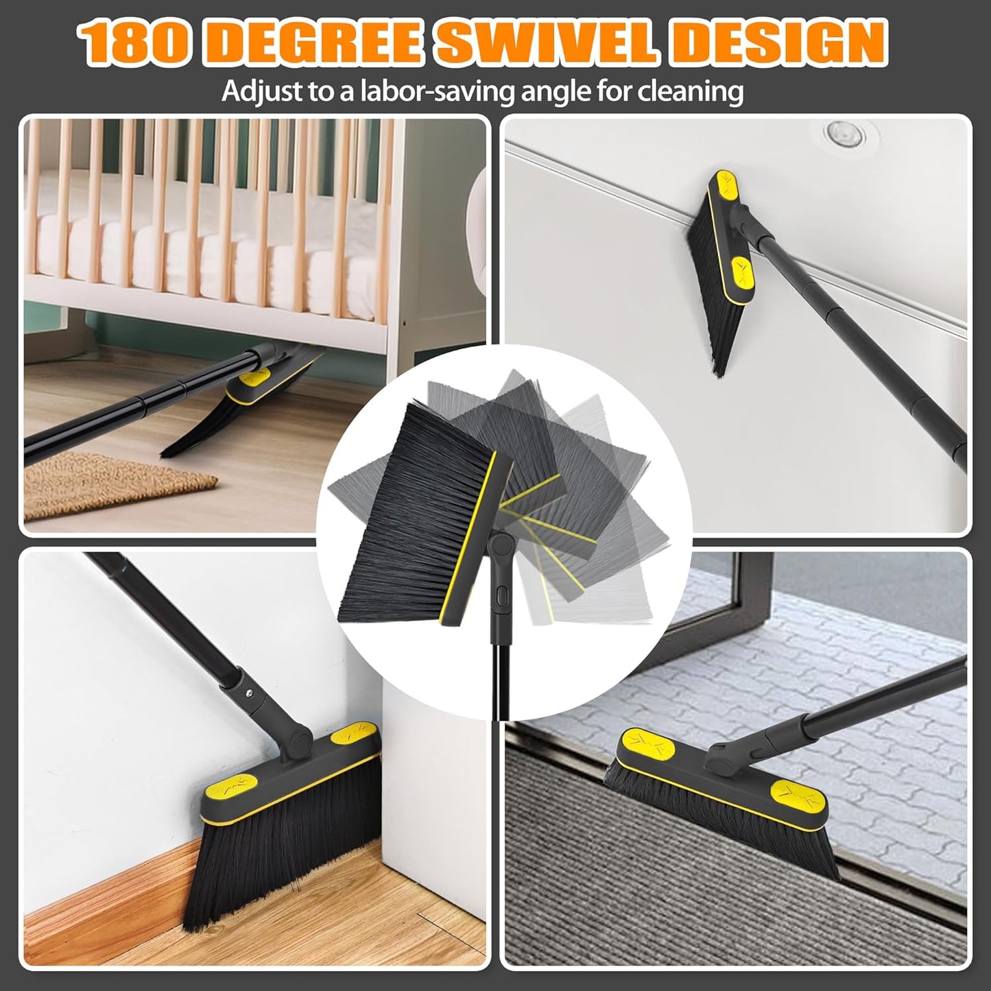 JEHONN Broom and Dust Pan, 54.3 inches Long Handle Swivel Brush, Upright Foldable Dustpan with Comb Teeth for Home Kitchen Lobby Indoor Floor Cleaning (Black & Yellow)