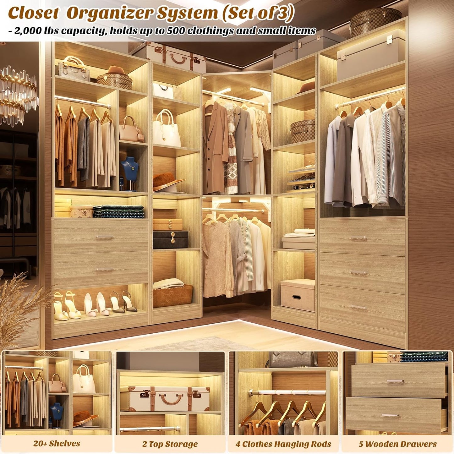 Corner Closet System with 5 Drawers, Closet Organizer System with 15+Shelvess & 4 Hanging Rods, 63.2"L * 63.2"W / 87.2"L * 39.2"W Reversible L Shaped Walk-in Closets, Load 2500+LBS, White Oak