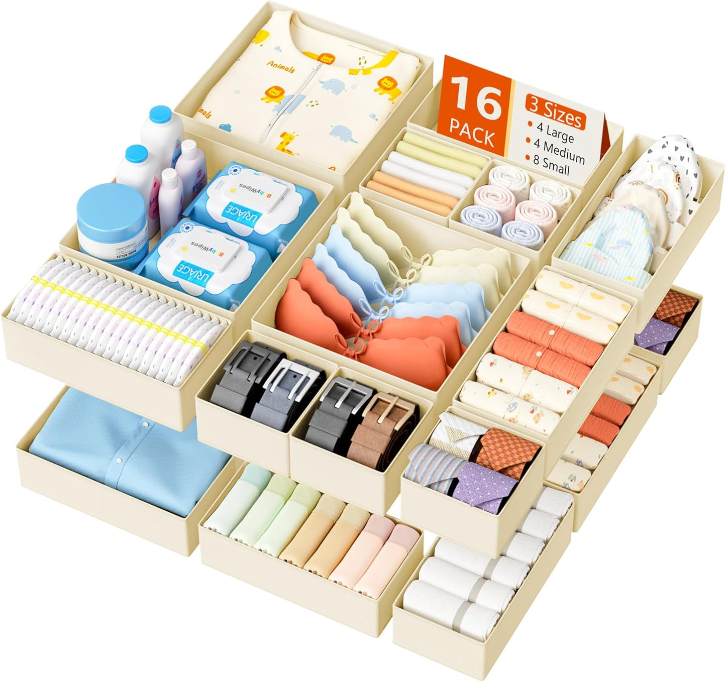 DIMJ Drawer Organizer Clothes - 16 Pack Baby Dresser Organizer for Nursery, Foldable Drawer Organizer Bins for Closet Bedroom Organization, Fabric Clothes Storage Dividers for Underwears, Socks, Bras