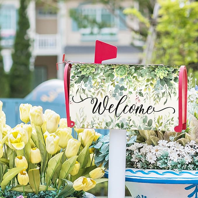 Spring Eucalyptus Leaves Mailbox Covers Magnetic Welcome Post Letter Box Wrap Large Size 25.5''x21'' Green Leaves Summer Dust-Proof Letterbox Decor Seasonal Postbox Cover for Outdoor Garden Yard