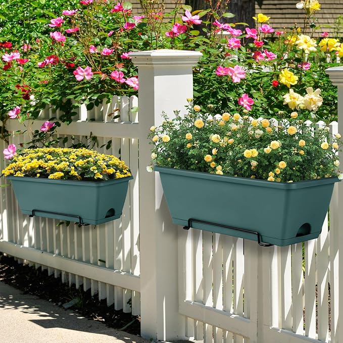 HAITRAL Railing Planter Boxes (16.9 Inch, 6 Pack) Green Plastic Deck Rail Planters for Outdoor Plants, Hanging Window Boxes with Drainage Tray for Over Rail Porch Fence,Balcony & Home Decor