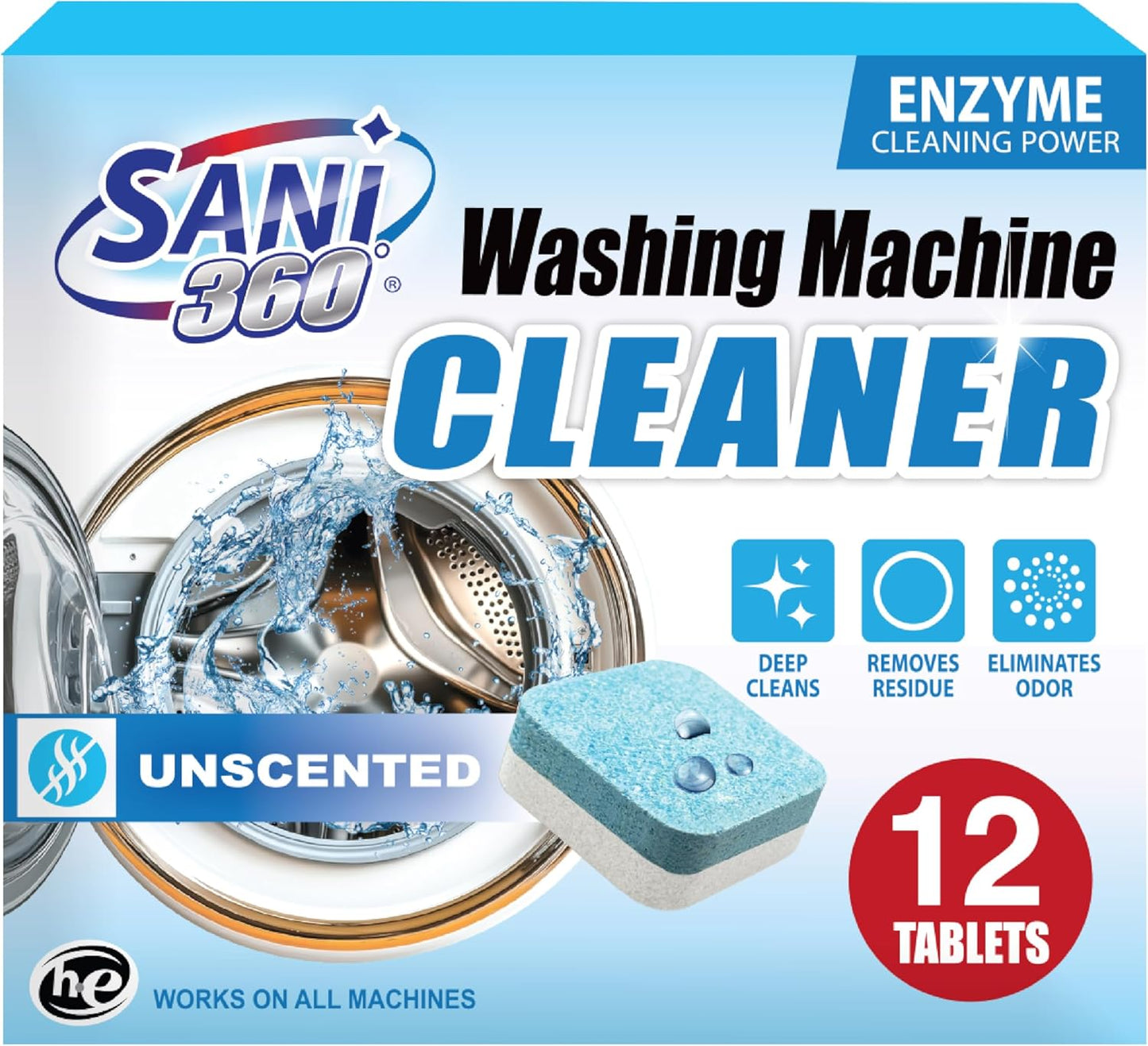 SANI 360° Washing Machine Cleaning tablets, 12 pack is Formulated with Enzyme, Deep Cleans and Deodorizes Front and Top Loading Washers use up to 1-year supply Unscented
