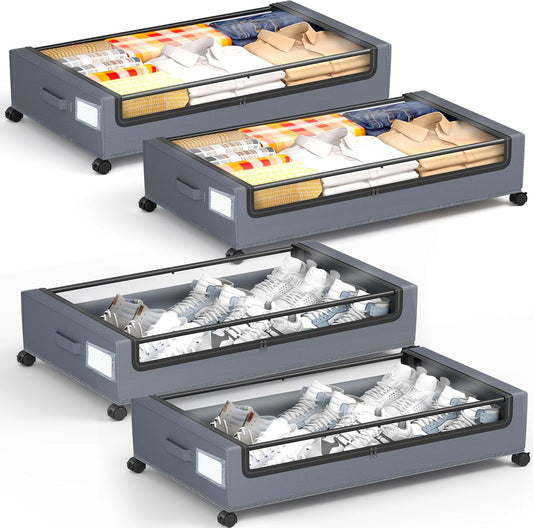 Under Bed Storage with Wheels, Square Under Bed Storage Containers, 4 Pack Under The Bed Storage Bins, Under Organizer with Clear Lids-60L Rolling Underbed Storage For Clothes, Shoes...