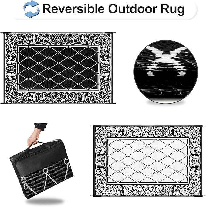 OutdoorLines Indoor Outdoor Rugs for Patio 6x9 ft - Reversible Outside Carpet, Stain & UV Resistant Portable RV Mats, Plastic Straw Rug for Camping, Pool Deck, Porch Rhombus Black & White
