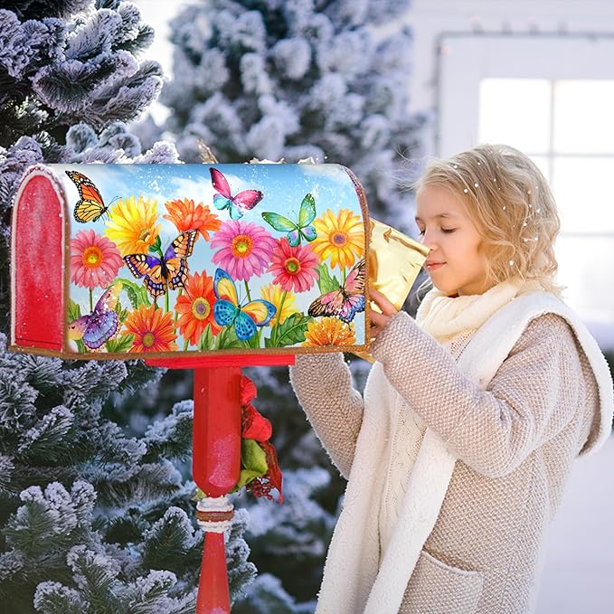 Summer Flower Mailbox Covers Magnetic Large Size 25.5 x 21 Inch Beautiful Fluttering Butterfly Mailbox Covers Colorful Floral Decorative Mailboxes Wraps Post Letter Box Cover for Outside