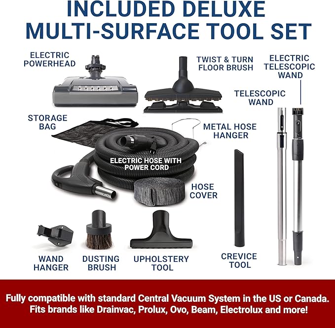 Broan-nutone 700 Air watts Central Vacuum System and Deluxe Multi-Surface Tool Set for Cleaning Floors, Anti-Vibration, Powerful Suction
