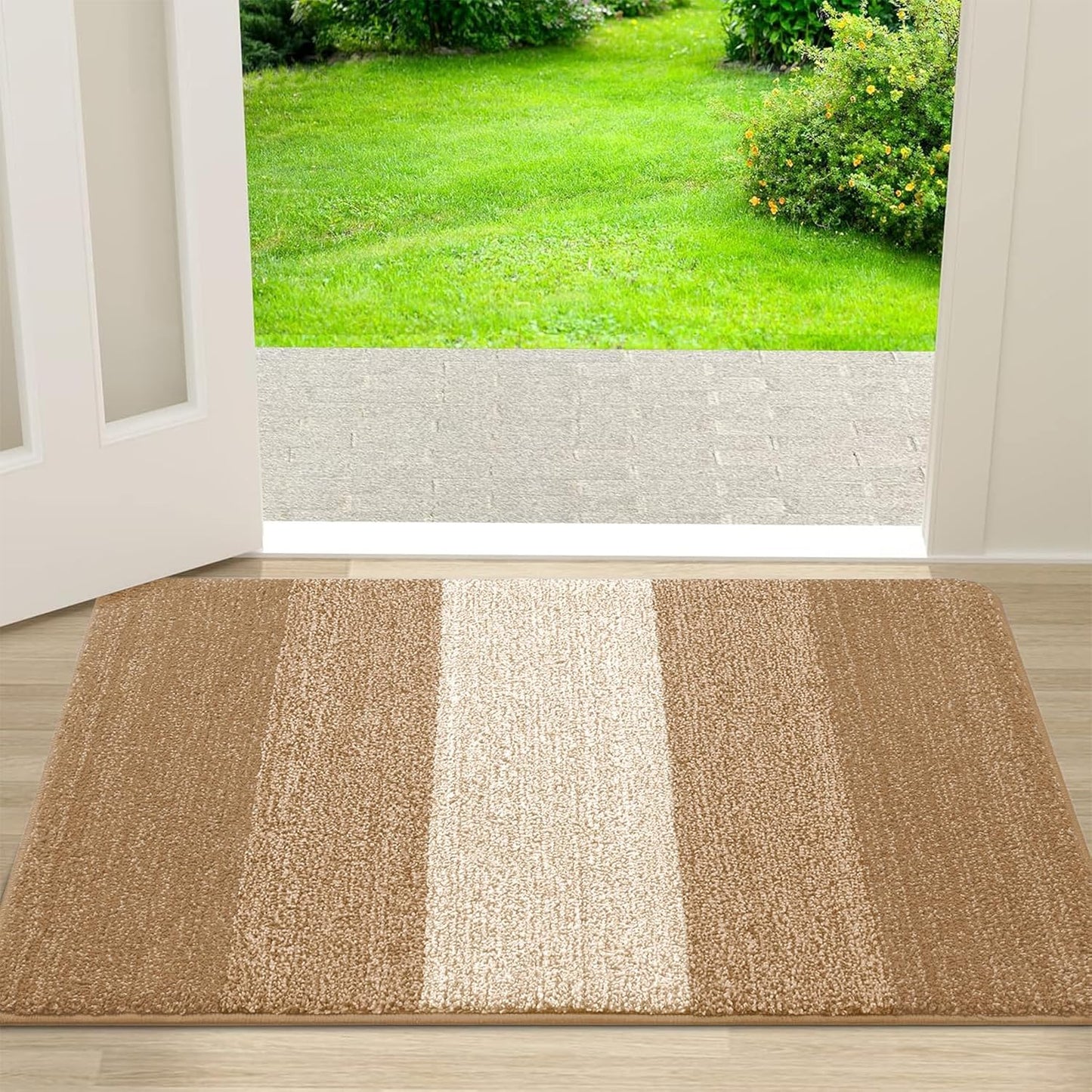 Kitinjoy Indoor Outdoor Door Mat, 30x17 Non-Slip Absorbent Dirt Trapper, Low-Profile Washable Inside Entrance Front Floor Mat, Sturdy Soft Entry Doormats for Entryway, Camel
