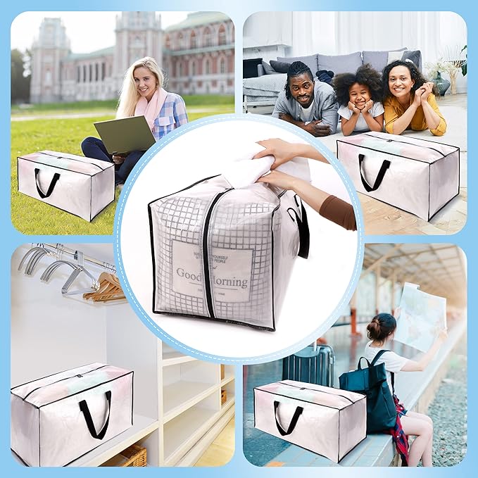 12 Pack Large Strong Moving Bags with Zippers & Carrying Handles - Water-Resistant - Heavy Duty Storage Tote for Space Saving, Fold Flat, Alternative to Moving Box (Semi-Transparent)