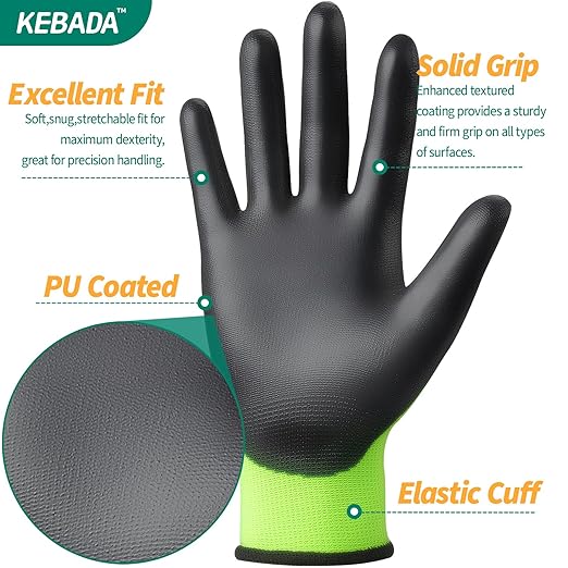 Kebada W1 Work Gloves for Men and Women, Touchscreen PU Coated Gloves with Grip, 50 Pairs Bulk Pack, Ideal for Warehouse Package Handling, Construction, Gardening, Green X-Large