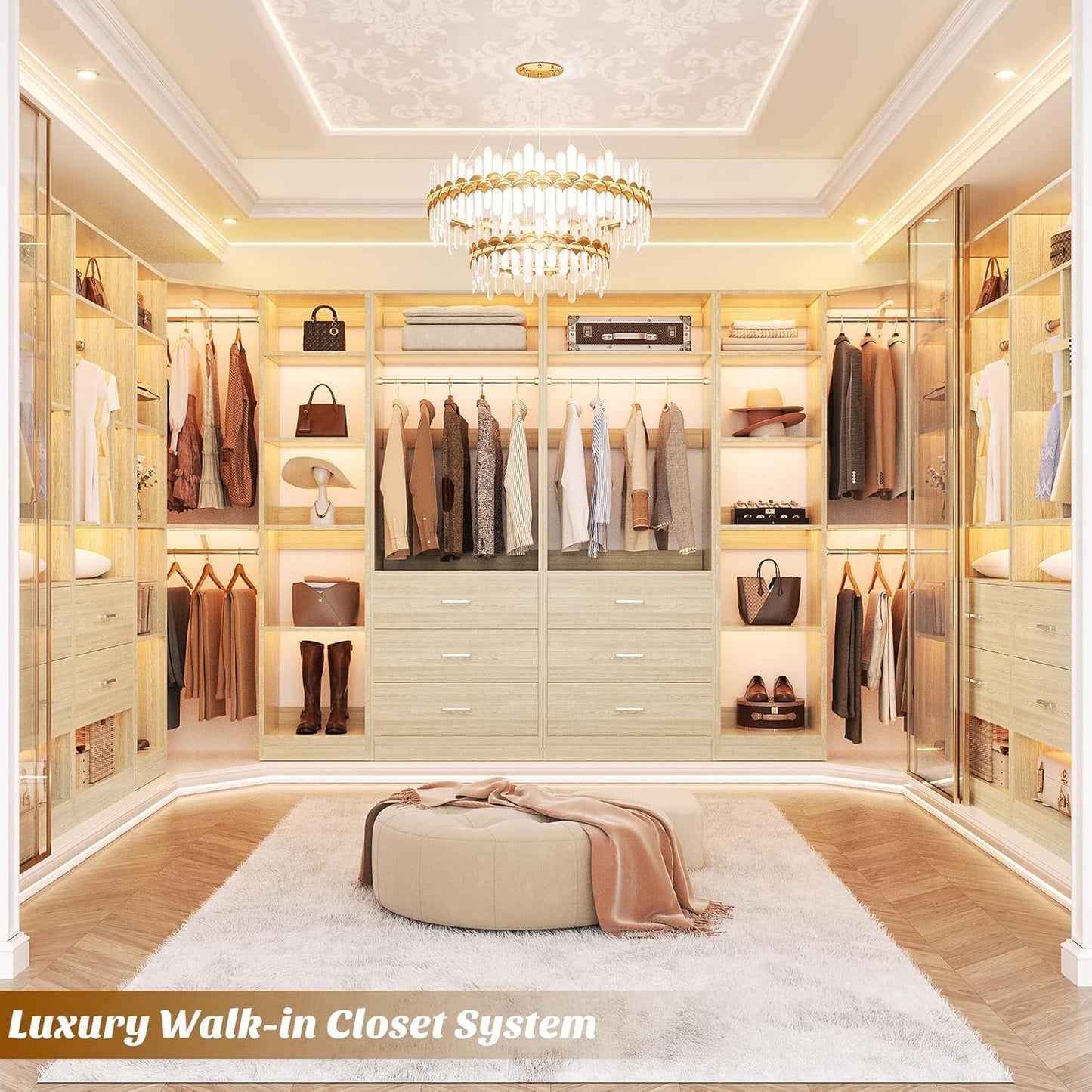 Corner Closet System with 5 Drawers, Closet Organizer System with 15+Shelvess & 4 Hanging Rods, 63.2"L * 63.2"W / 87.2"L * 39.2"W Reversible L Shaped Walk-in Closets, Load 2500+LBS, White Oak