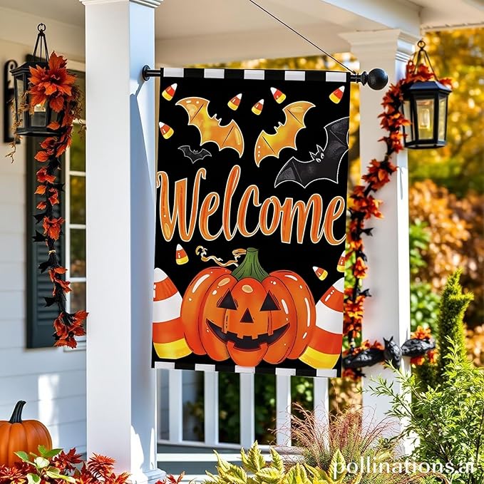 Welcome Halloween Garden Flag 12X18 Inch Double Side,Pumpkin Jack O Lantern Yard flag,Bat Outside Small Garden Flag Decorative,Outdoor Flag for Holiday Patio Courtyard Lawn