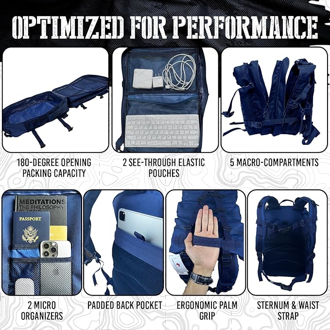 45L Elite Tactical Backpack | 3X Stronger Work & Military Backpack | Water Resistant and Heavy Duty | 3 Day MOLLE Bug Out Bag (Atlantic Blue)
