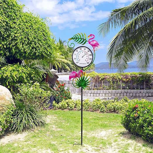 Outdoor Thermometer, No Battery Needed Outside Thermometer with Garden Stake, Flamingo Wall Thermometer for Yard Patio Decor