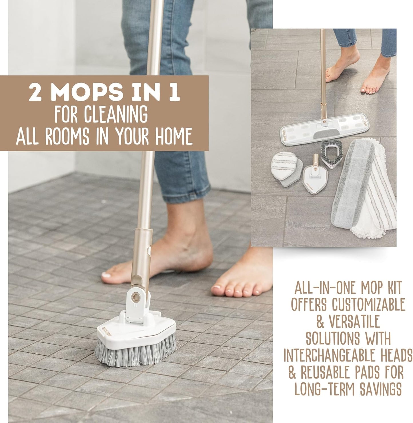 Quick Shine Ultimate Gold Clean + Polish Mop Kit | All-in-One 10 Pc Kit w/Interchangeable Attachments | Floor Polish Included | No Batteries Needed | Pro Cleaning for Hardwood Floors | 2-in-1 Mop