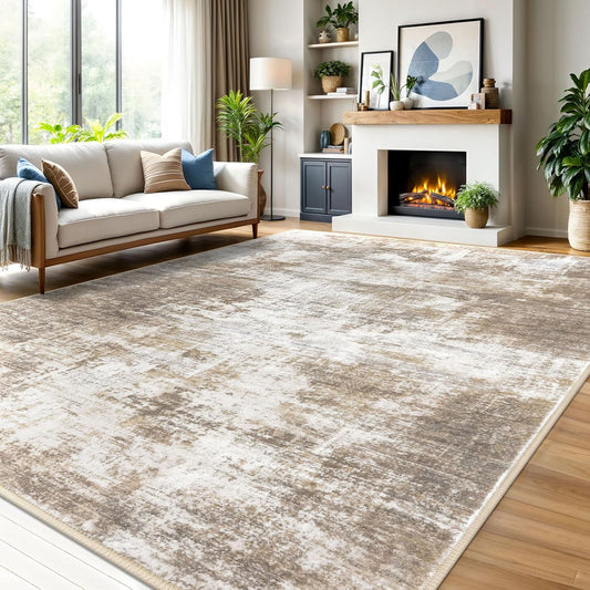 IOHOUZE Abstract Area Rugs 9x12 Ft Washable Large Rugs for Living Room, Non Slip Dining Room Rug, Printed Faux Wool Rugs for Bedroom, Floor Carpet for Office Nursery Playroom, Beige Brown