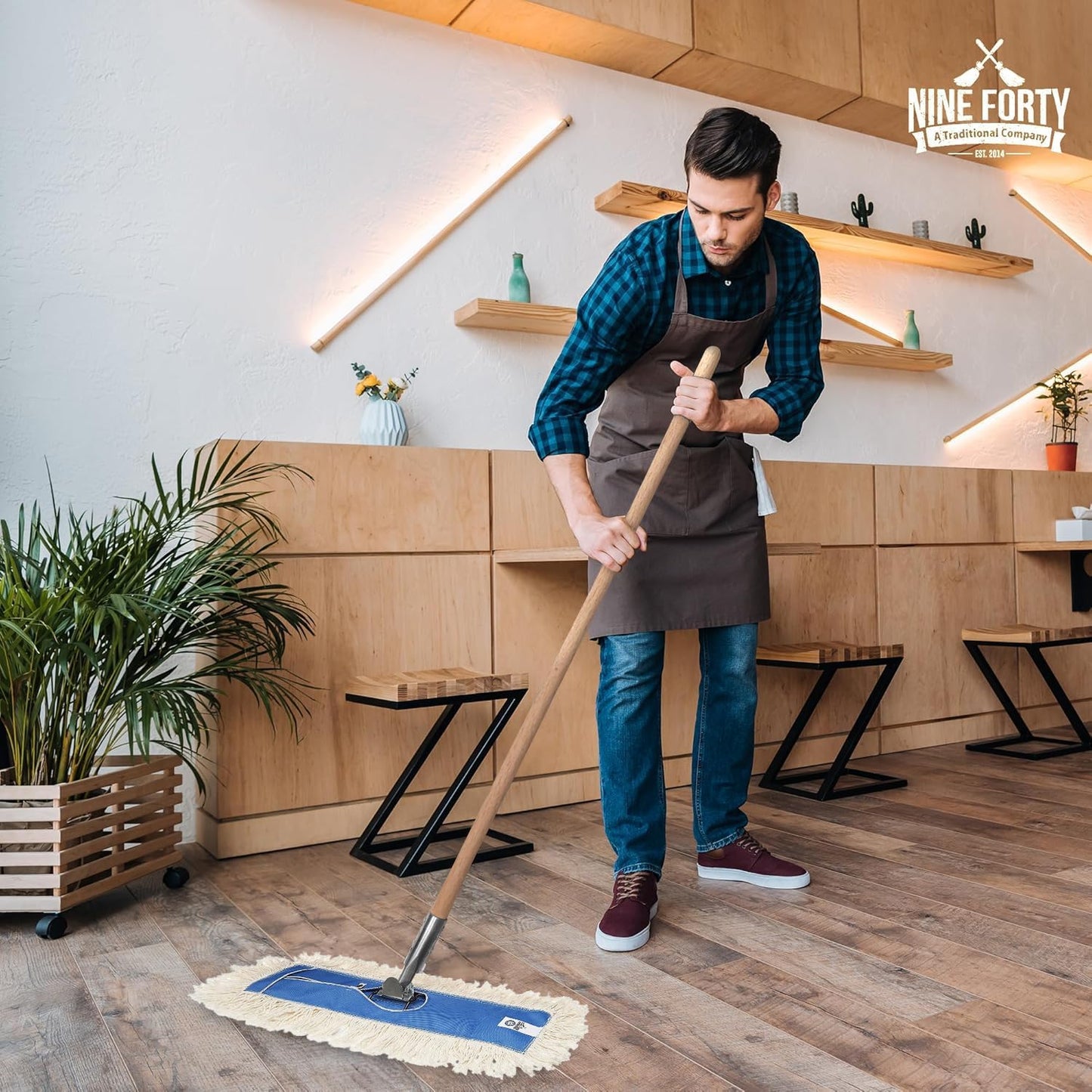 Nine Forty 48" Premium Cotton Dust Mop Kit - Heavy Duty Mop Head with Wood Handle for Industrial, Commercial, and Residential Cleaning - Dry Floor Duster for Hardwood Surfaces - White