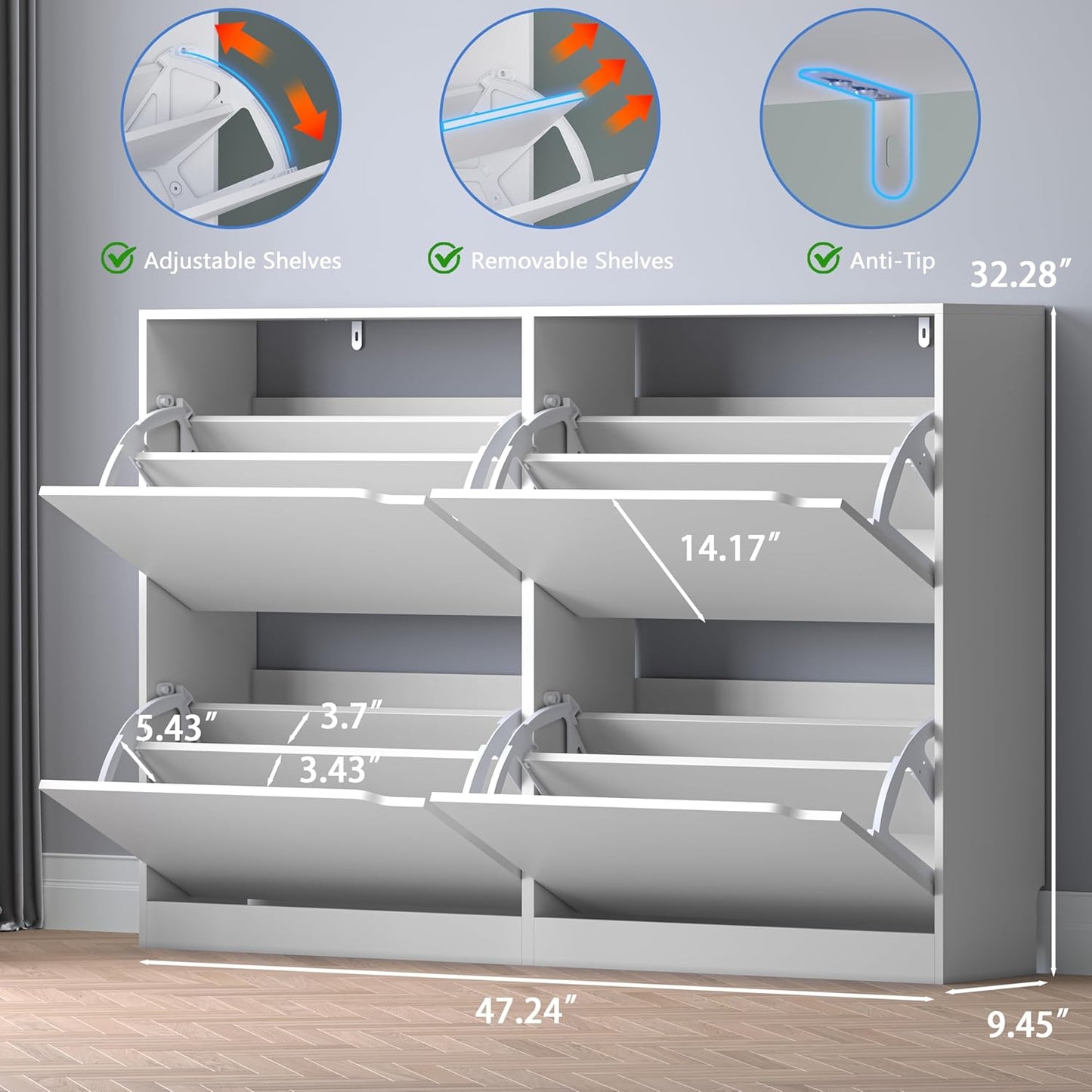 Shoe Cabinet with 4 Flip Drawers, Narrow Hidden Shoe Storage Cabinet, Slim Freestanding Shoe Rack Organizer for Entryway, Hallway, Bedroom, Living Room