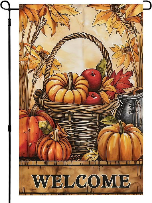 Garden Flag 12X18 Inch Double Side,Pumpkin Fall Yard Flag, Welcome Small Garden Flag,Outdoor Fall Flag for Holiday Outside Patio Decoration