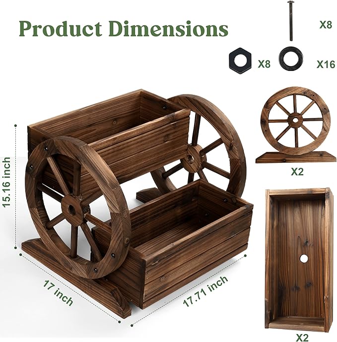Wooden Wagon Planter Box, Garden Planter with Wheels,Decorative Planter for Flowers Herbs Vegetables for Indoor & Outdoor Décor, Flower Cart for Patio Garden Balcony