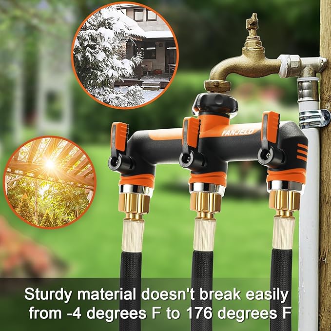 3 Way Hose Splitter, Heavy Duty Garden Water Hose Bib Spigot Splitter, Faucet Splitter with Shutoff Valve, Garden Hoses Connector for T Adapter, 3/4 - Inch GHT Thread (Orange)