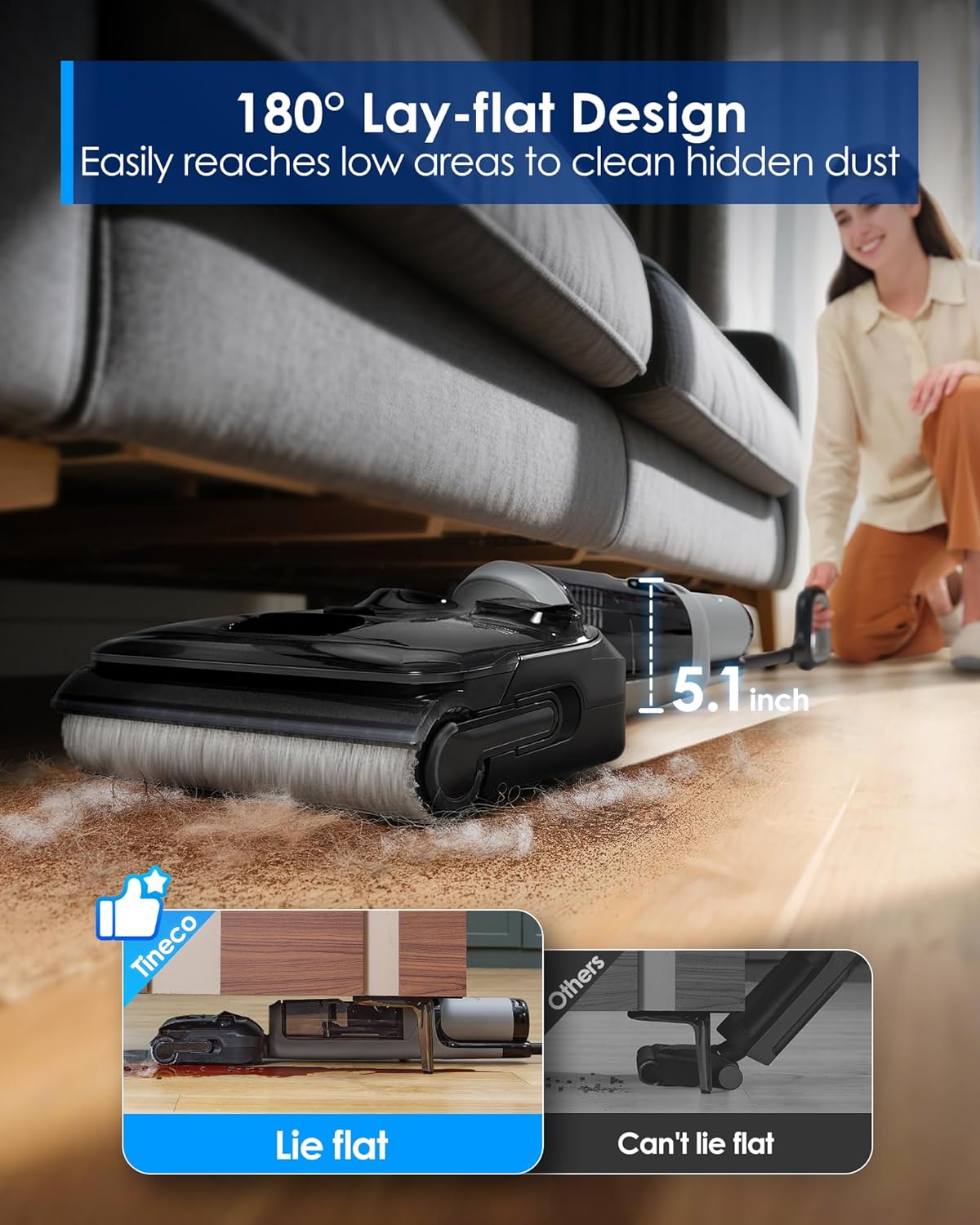 Tineco Floor ONE i5 Stretch Wet Dry Vacuum Cleaner, Vacuum & Mop in One Step, 20kpa Powerful Suction, 180° Lay-Flat Design, Anti-Tangle Design, Dual-Sided Edge Cleaning, Up to 30* Minutes Runtime