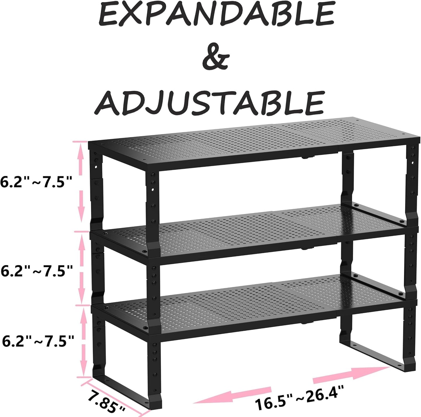 Metal Stackable Expandable Storage Shelf - Multi-Functional Home Storage Shelf, Suitable for Kitchen, Cabinet，Bathroom, Office, Garage, etc.（3PACKS/Black/Medium